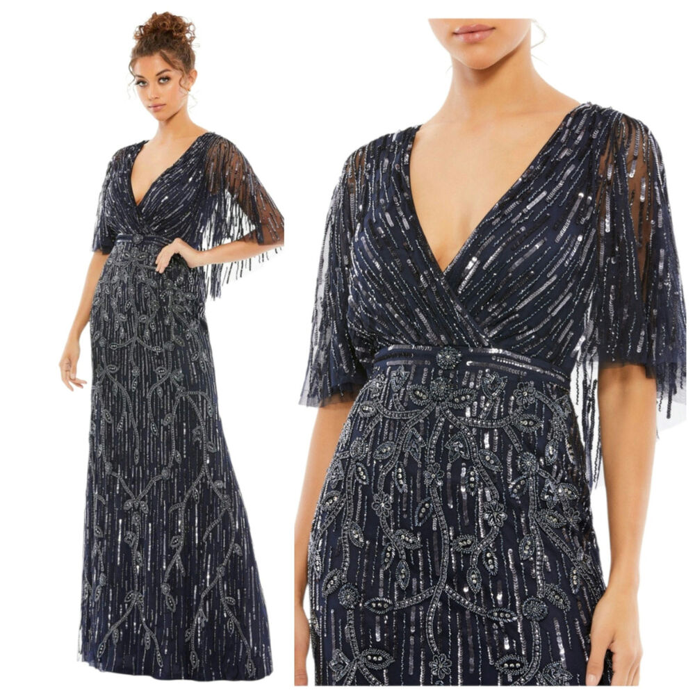 Mac Duggal 9064 Midnight Navy Blue Sequin Dress Beaded Cape Sleeve Gown Size 4